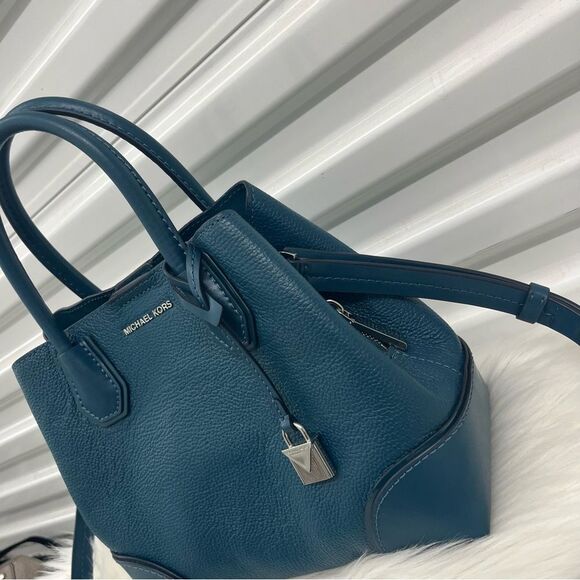 MICHAEL KORS Teal Mercer Leather Satchel Crossbody Handbag Selma Raven - Picture 6 of 13